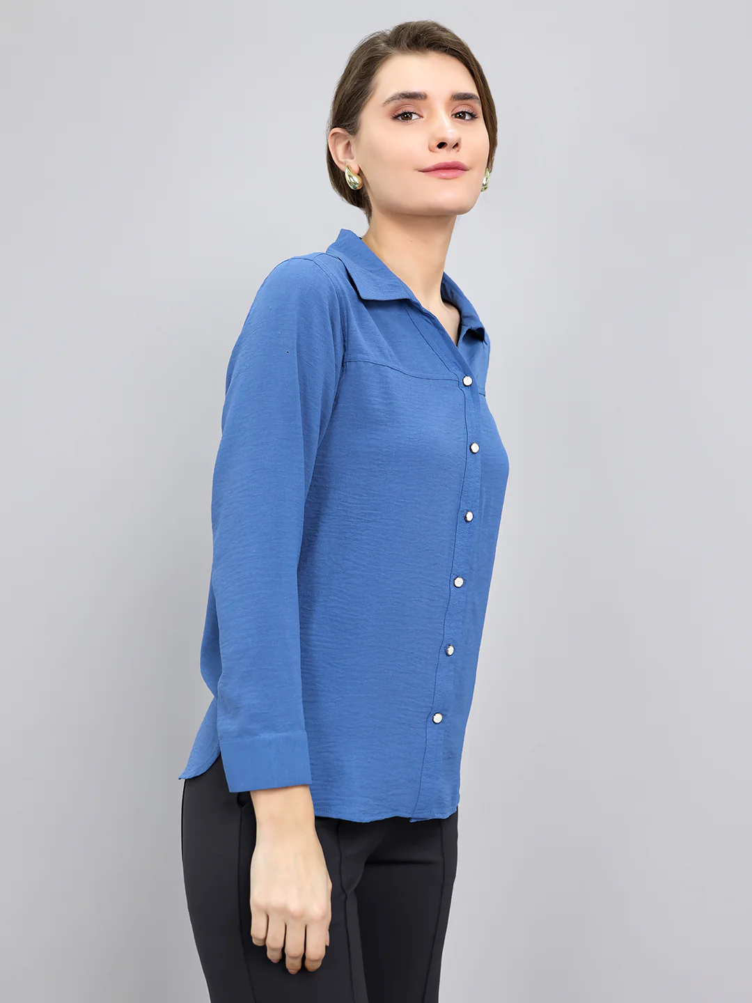 Women Blue Self Design Collar Full Sleeve Top - Image 3