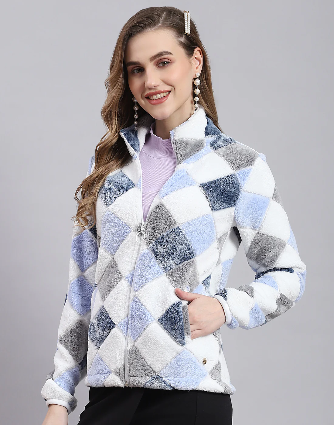 Women Blue Self Design F Neck Full Sleeve Sweatshirt - Image 4
