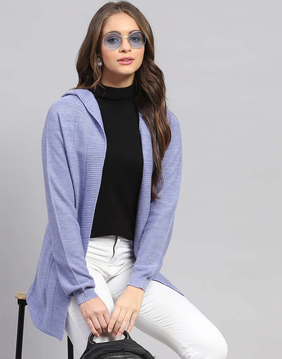 Women Blue Self Design Front Open Full Sleeve Cardigan - Image 6