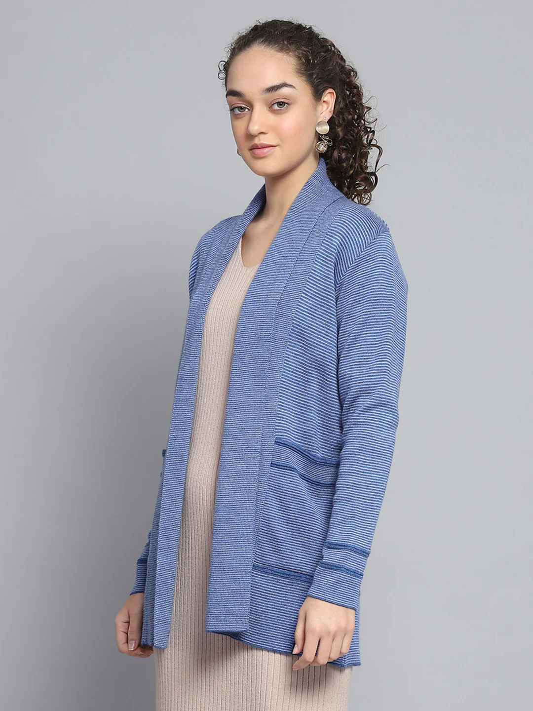 Women Blue Self Design Front Open Full Sleeve Cardigan - Image 3