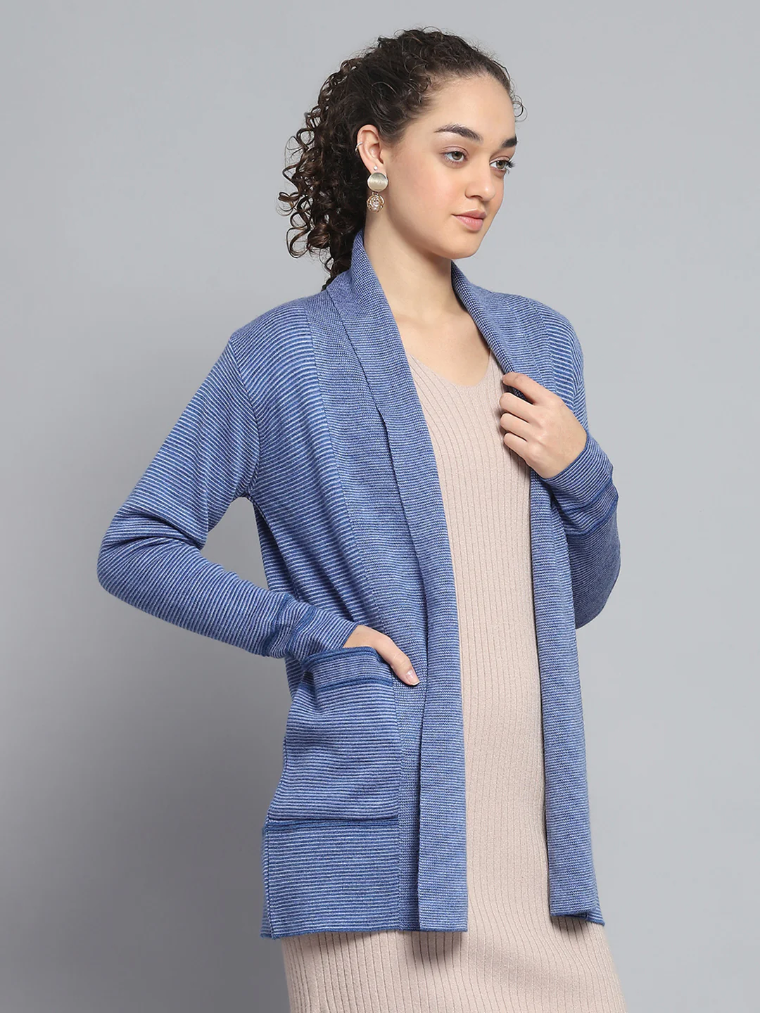Women Blue Self Design Front Open Full Sleeve Cardigan - Image 4