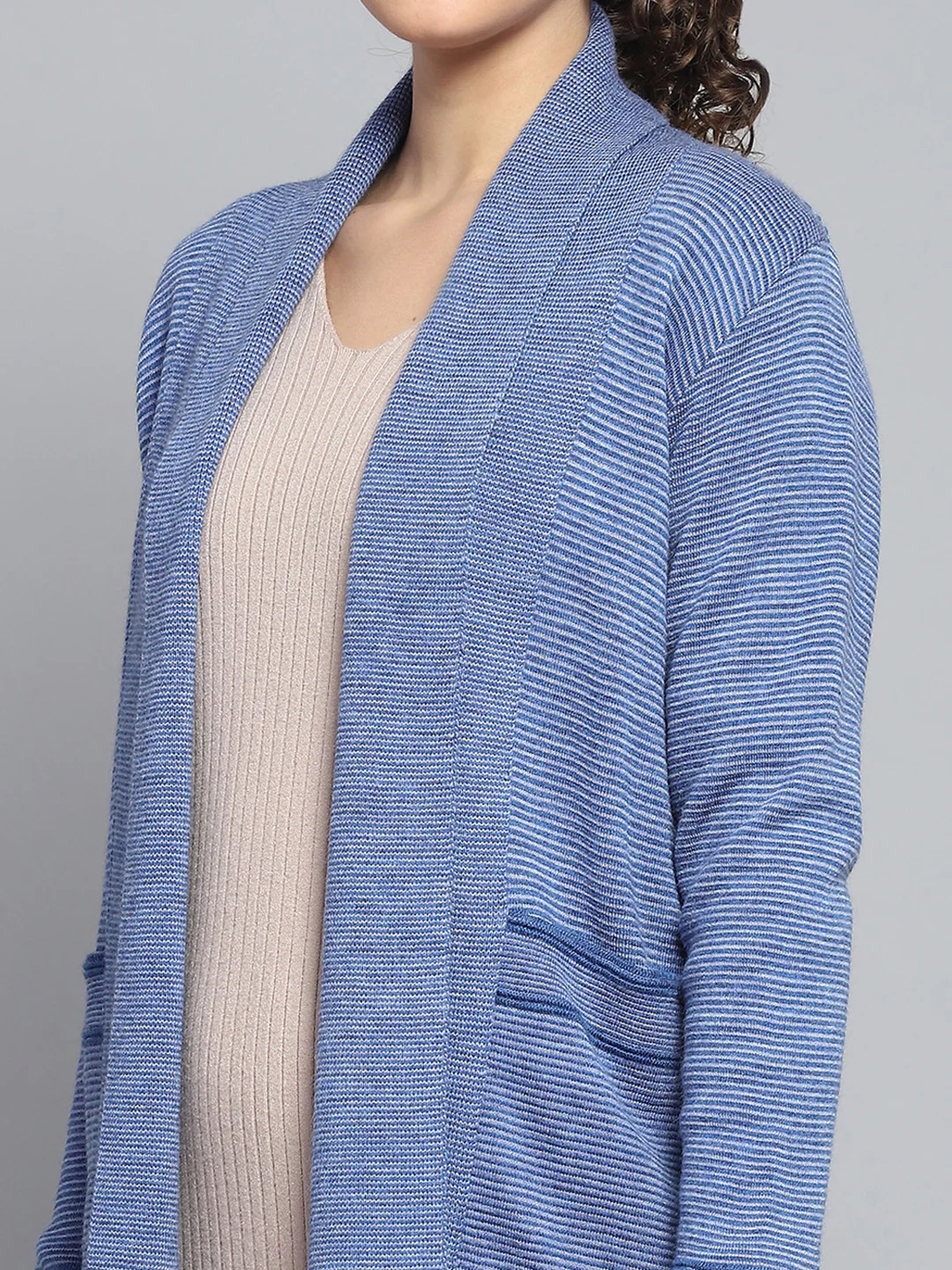 Women Blue Self Design Front Open Full Sleeve Cardigan - Image 7