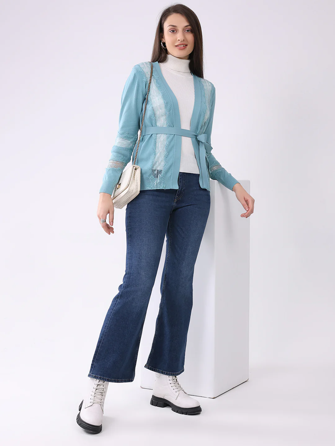 Women Blue Self Design Front Open Full Sleeve Cardigan - Image 2