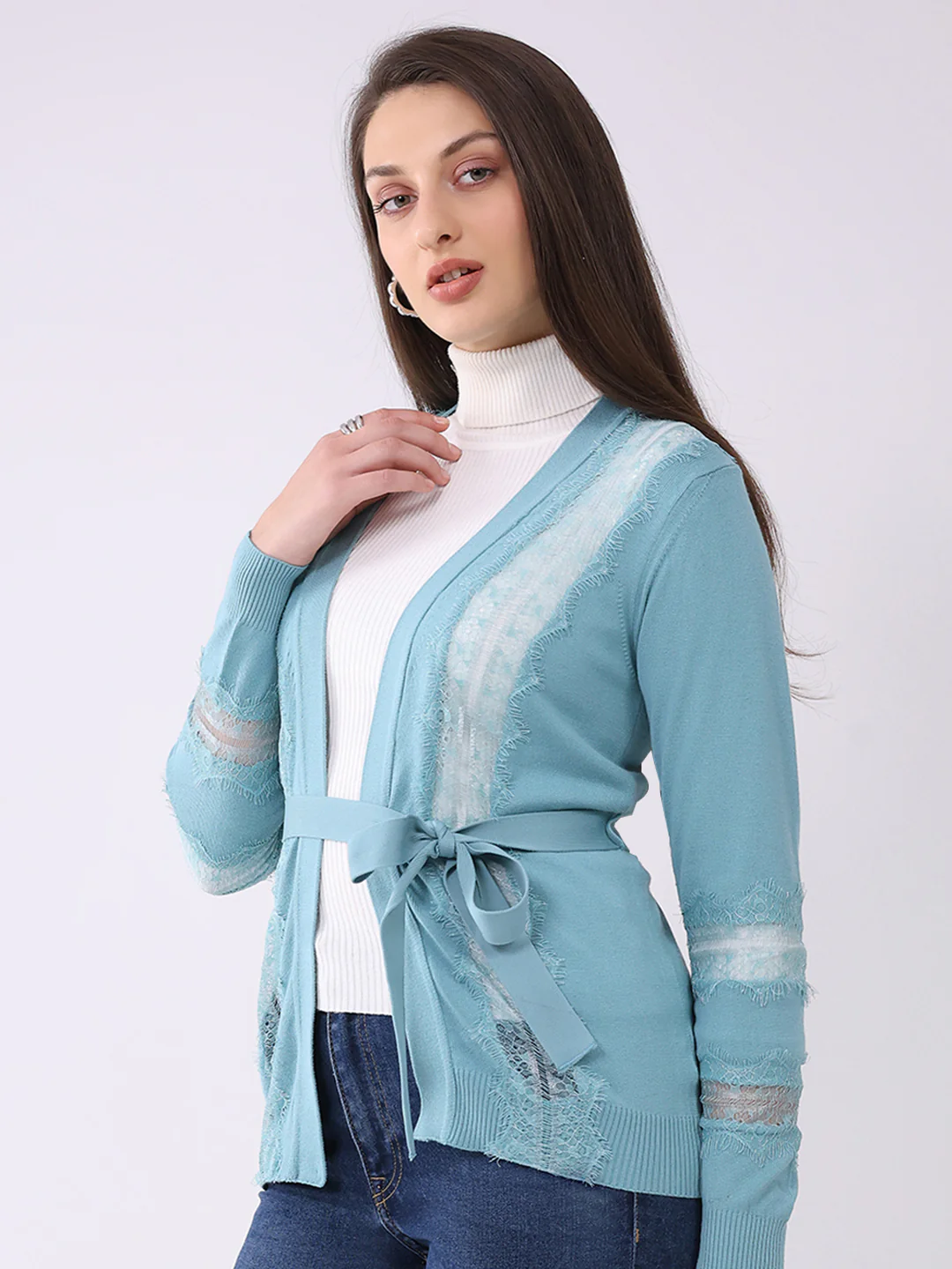 Women Blue Self Design Front Open Full Sleeve Cardigan - Image 3