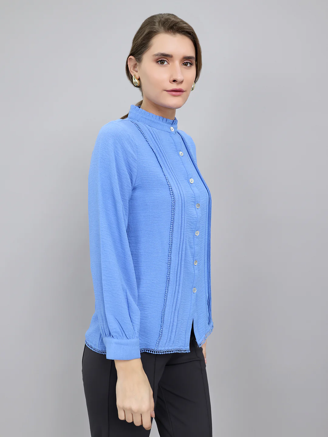 Women Blue Self Design Front Open Full Sleeve Top - Image 3