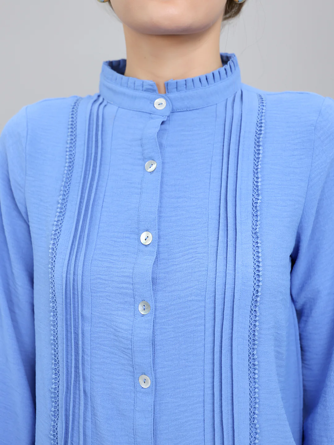 Women Blue Self Design Front Open Full Sleeve Top - Image 5