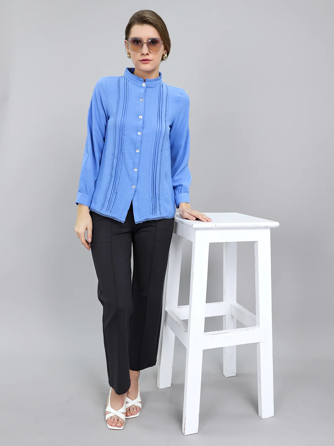 Women Blue Self Design Front Open Full Sleeve Top - Image 6