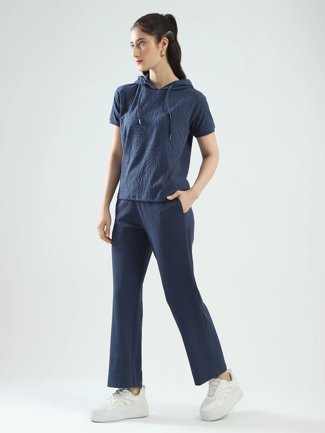 Women Blue Self Design Hooded Half Sleeve Cords Set - Image 4