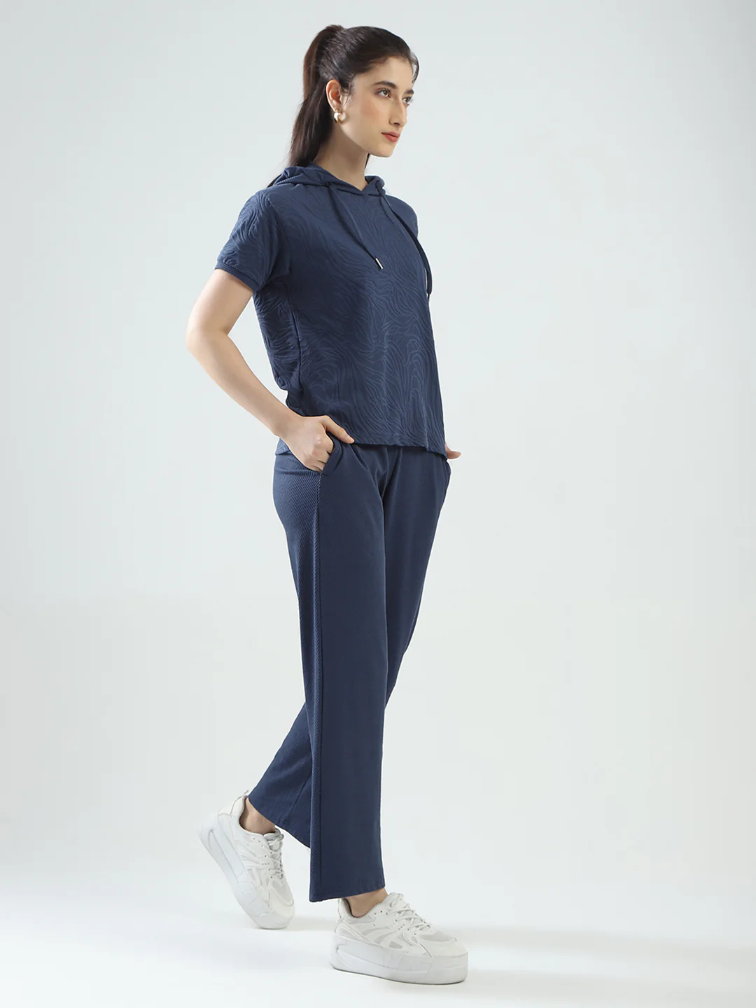 Women Blue Self Design Hooded Half Sleeve Cords Set - Image 5