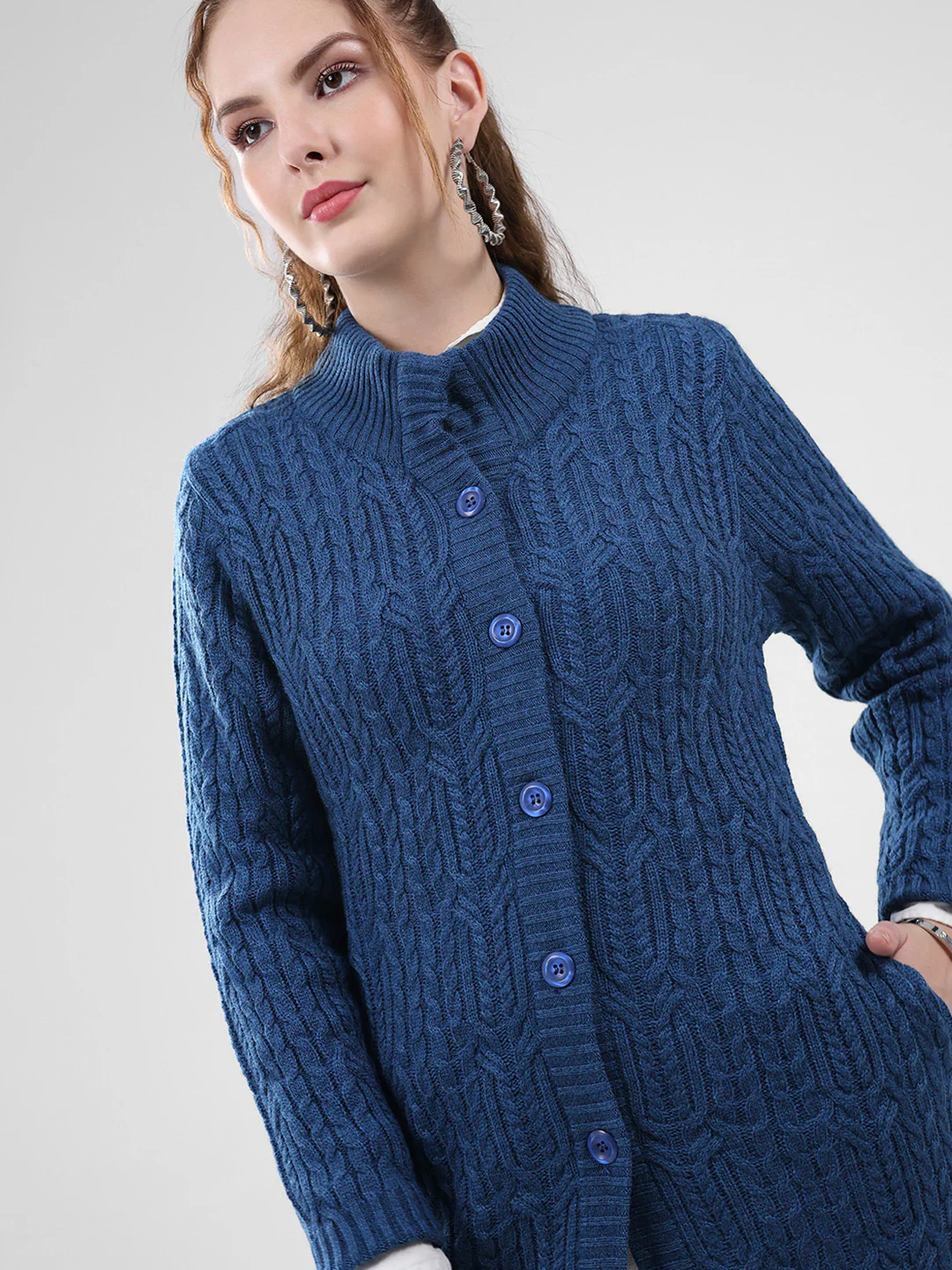 Women Blue Self Design Mock Neck Full Sleeve Cardigan - Image 6