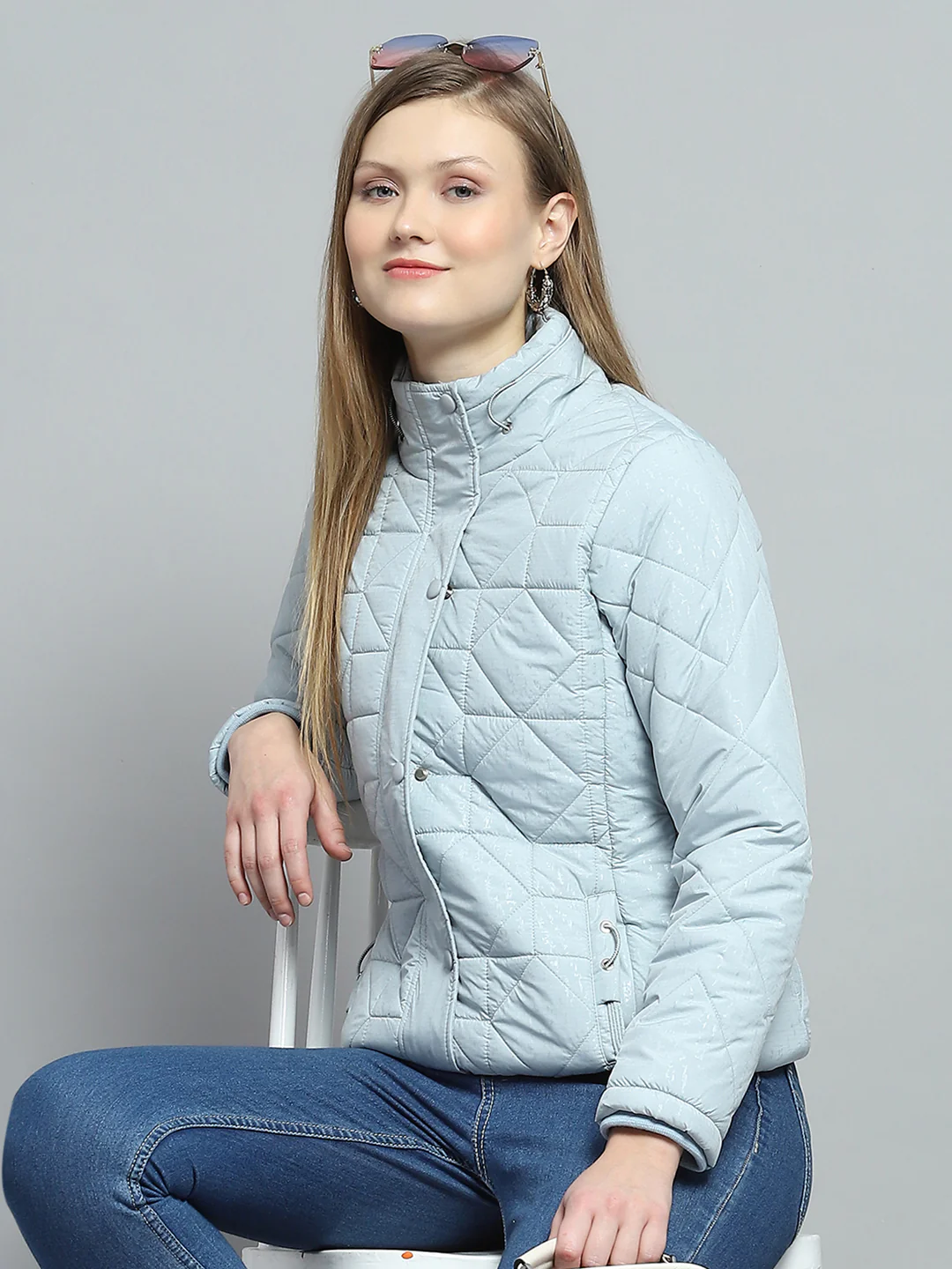 Women Blue Self Design Mock Neck Full Sleeve Jacket - Image 6