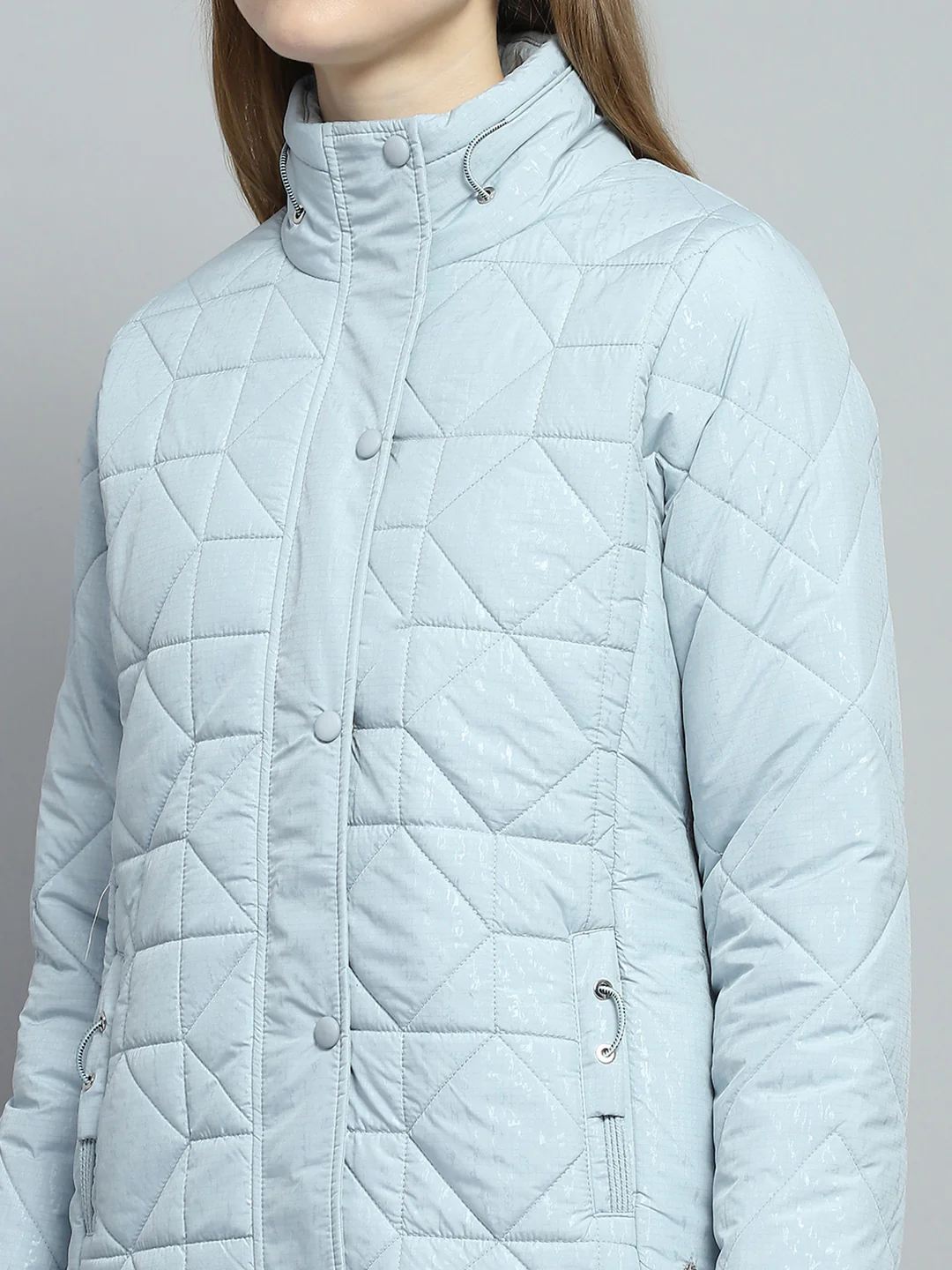 Women Blue Self Design Mock Neck Full Sleeve Jacket - Image 7