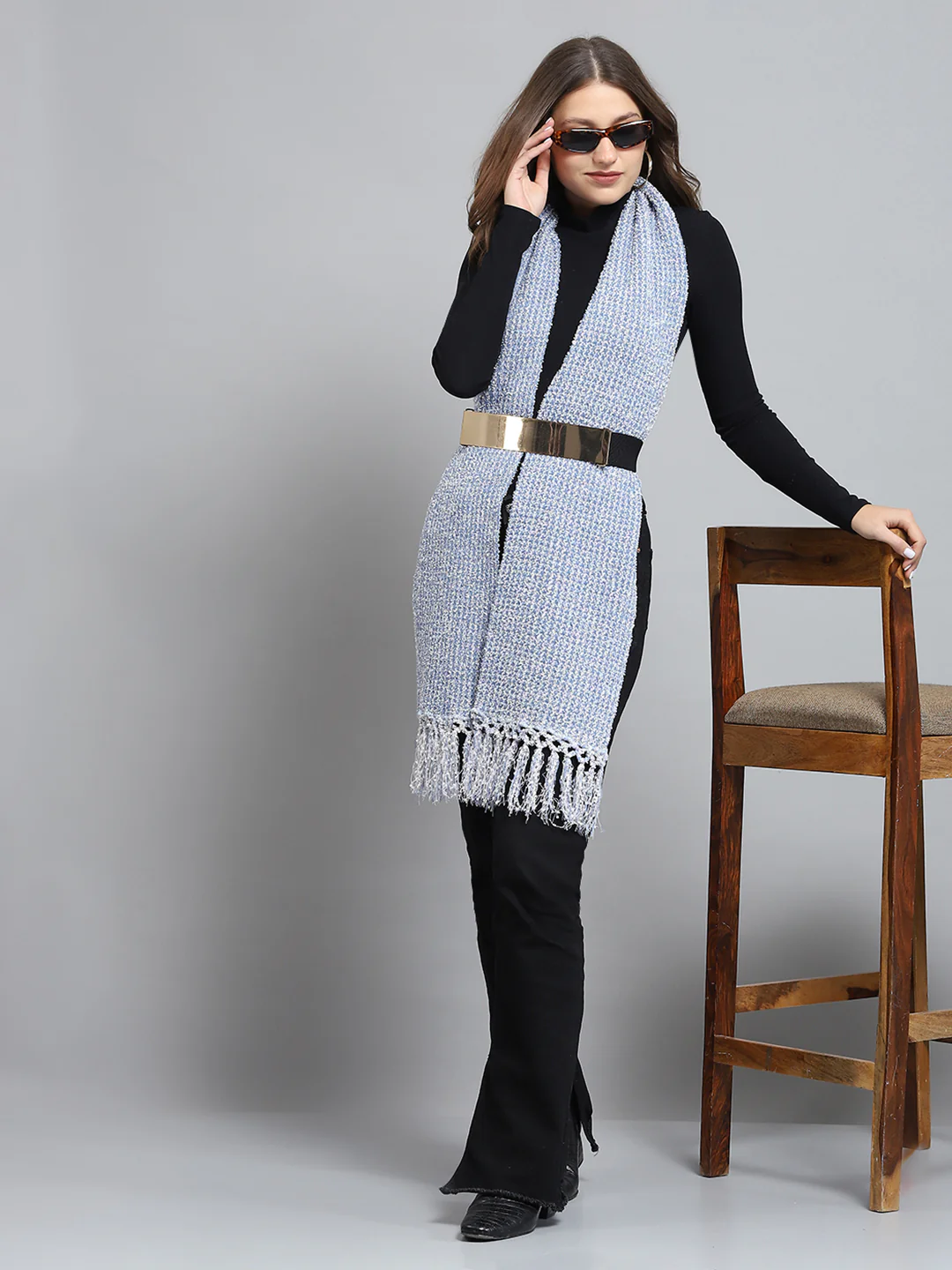 Women Blue Self Design Muffler - Image 5