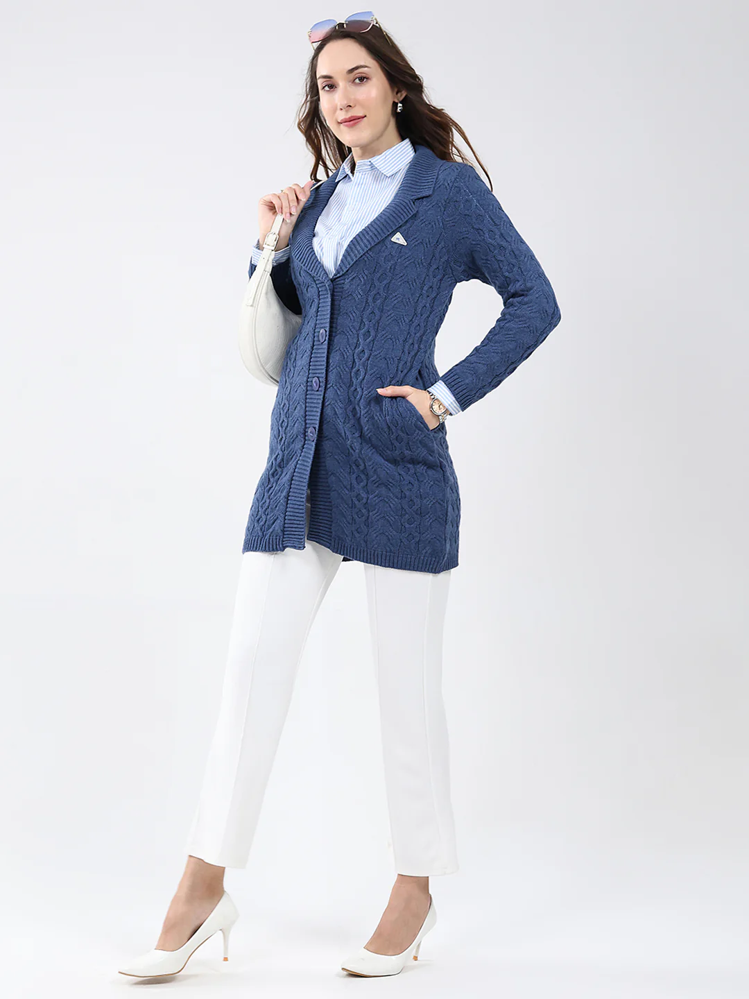 Women Blue Self Design Notch Lapel Collar Full Sleeve Cardigan - Image 2