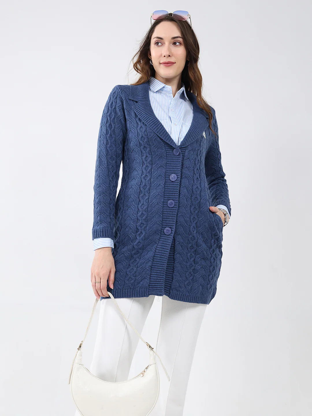 Women Blue Self Design Notch Lapel Collar Full Sleeve Cardigan - Image 6