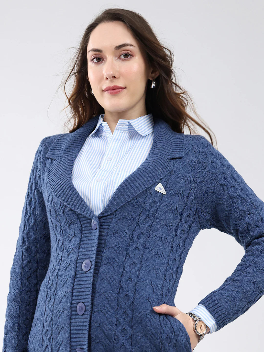 Women Blue Self Design Notch Lapel Collar Full Sleeve Cardigan - Image 7
