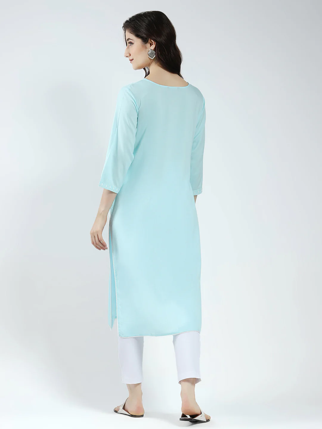 Women Blue Self Design Round Neck 3/4th Sleeve Kurti - Image 2
