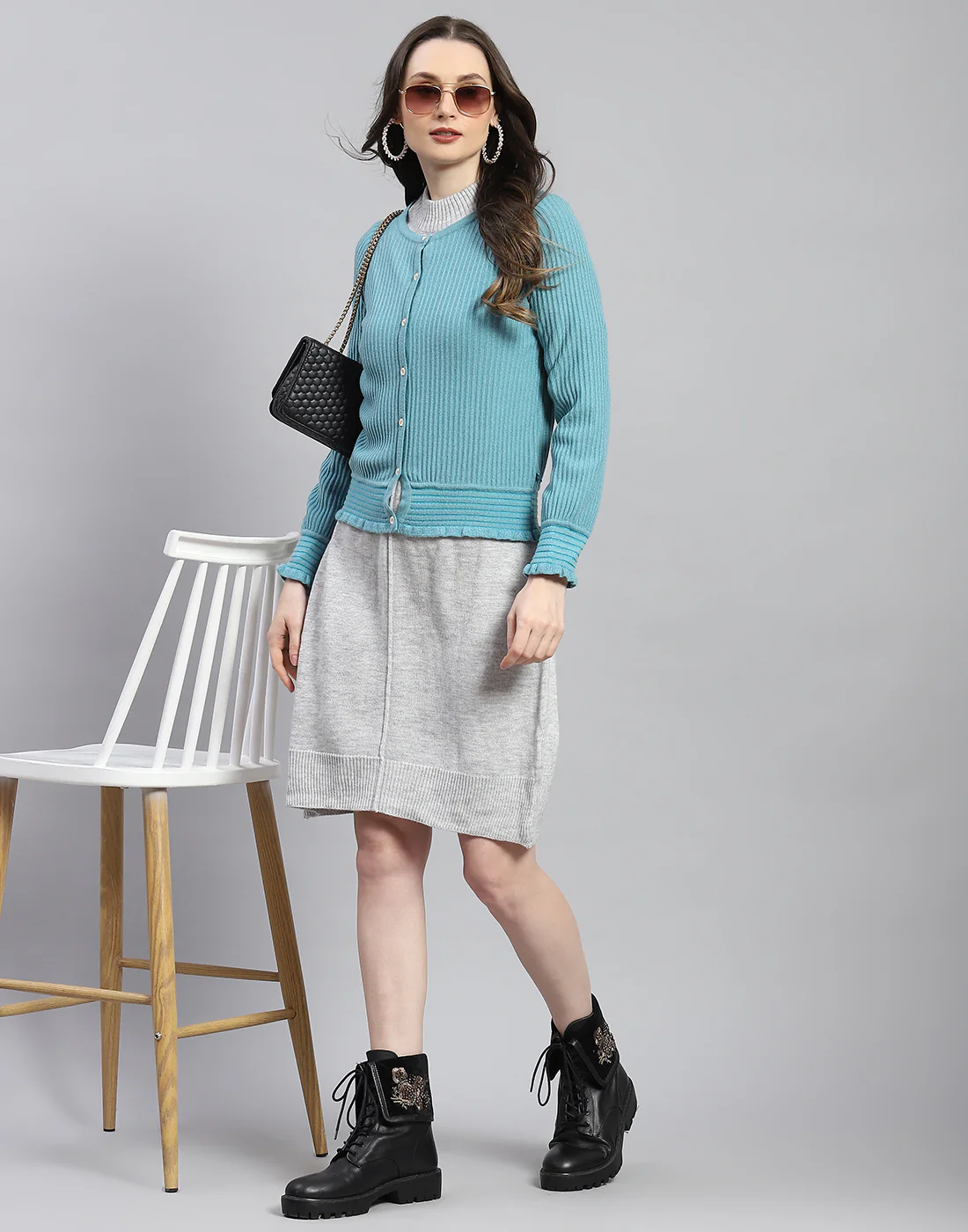 Women Blue Self Design Round Neck Full Sleeve Cardigan - Image 2