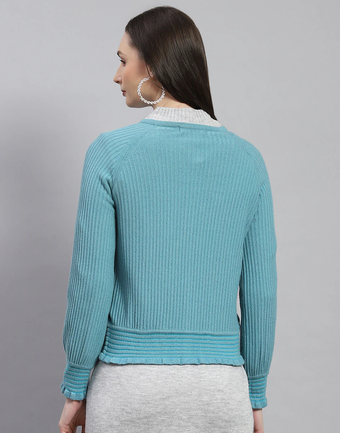 Women Blue Self Design Round Neck Full Sleeve Cardigan - Image 5