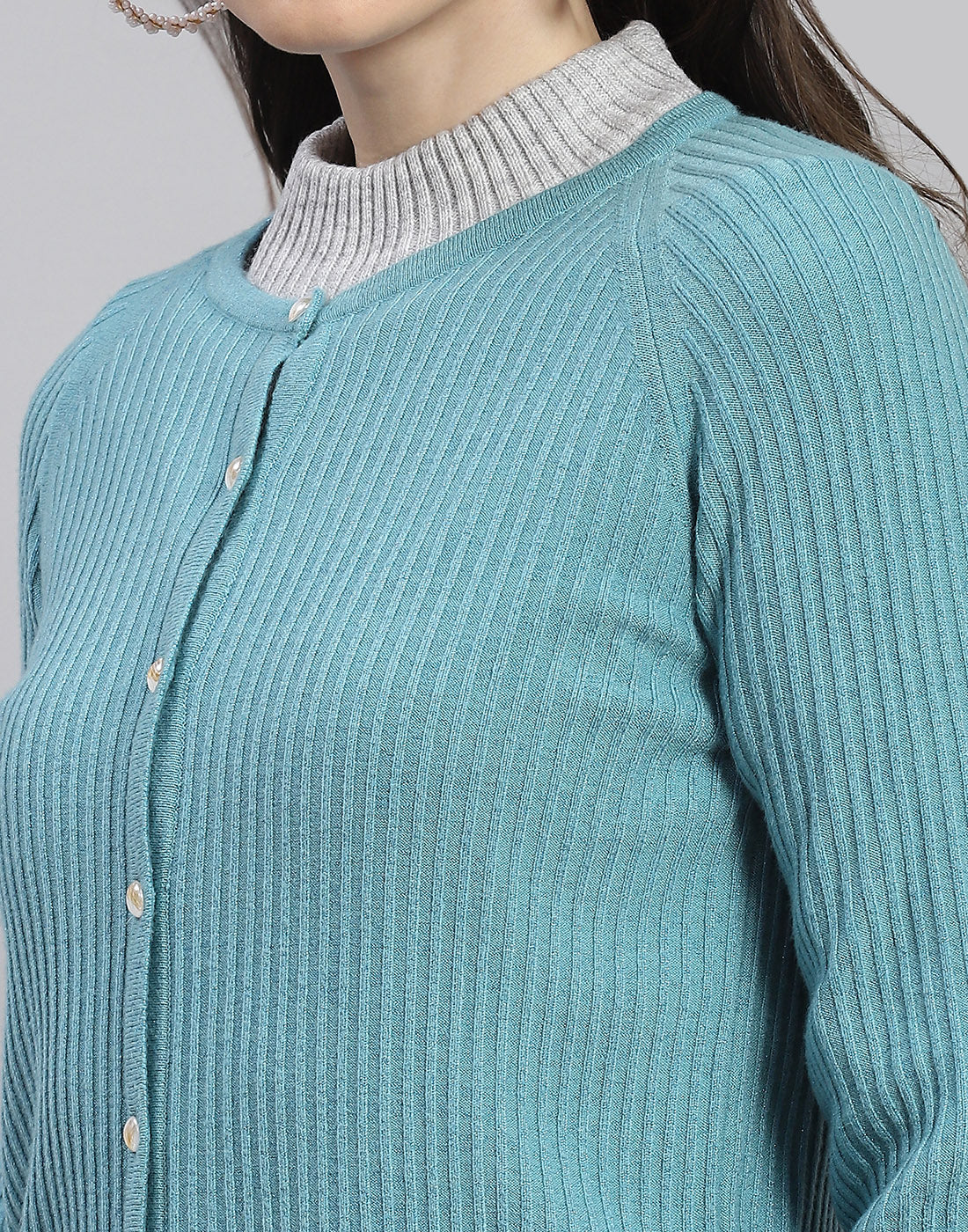 Women Blue Self Design Round Neck Full Sleeve Cardigan - Image 6