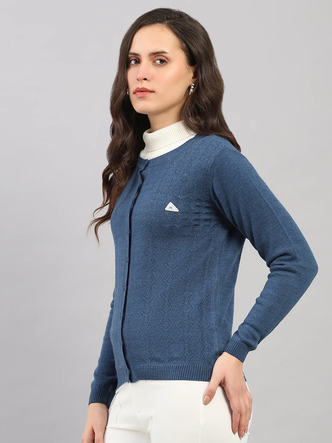Women Blue Self Design Round Neck Full Sleeve Cardigan - Image 3