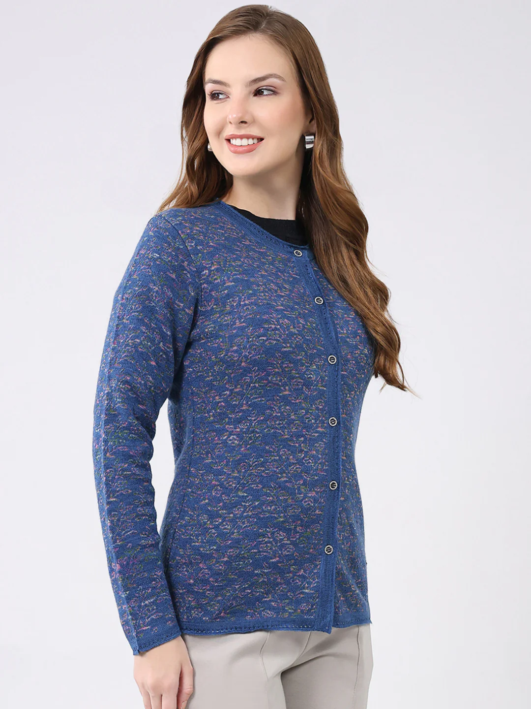 Women Blue Self Design Round Neck Full Sleeve Cardigan - Image 4