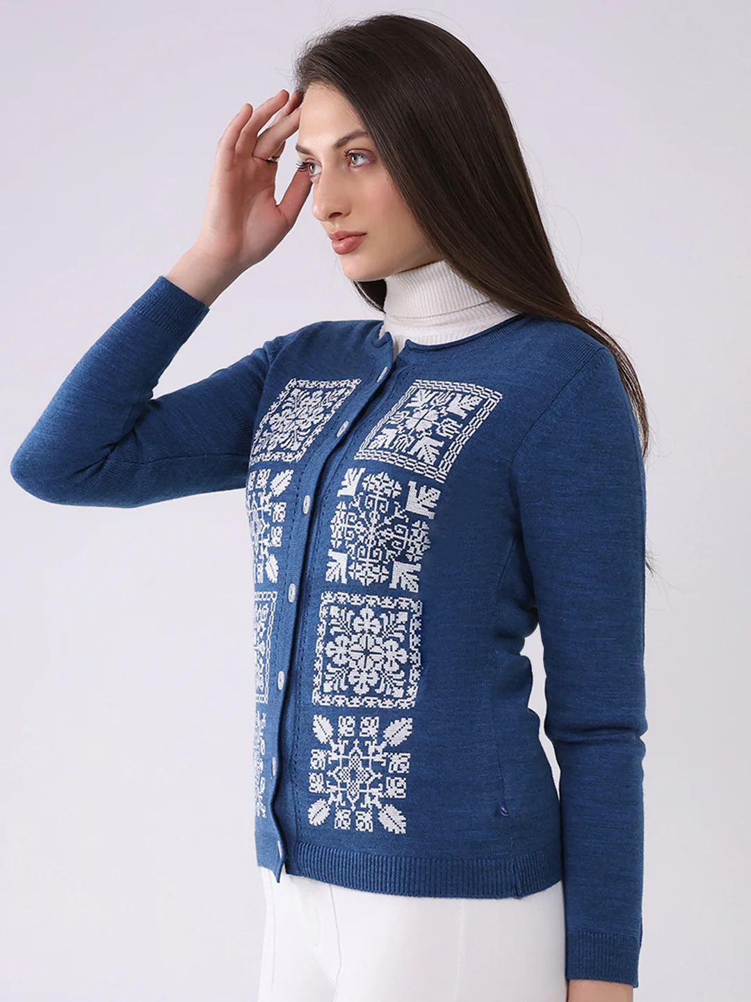 Women Blue Self Design Round Neck Full Sleeve Cardigan - Image 3