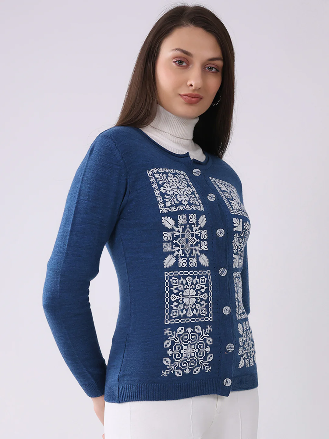 Women Blue Self Design Round Neck Full Sleeve Cardigan - Image 4