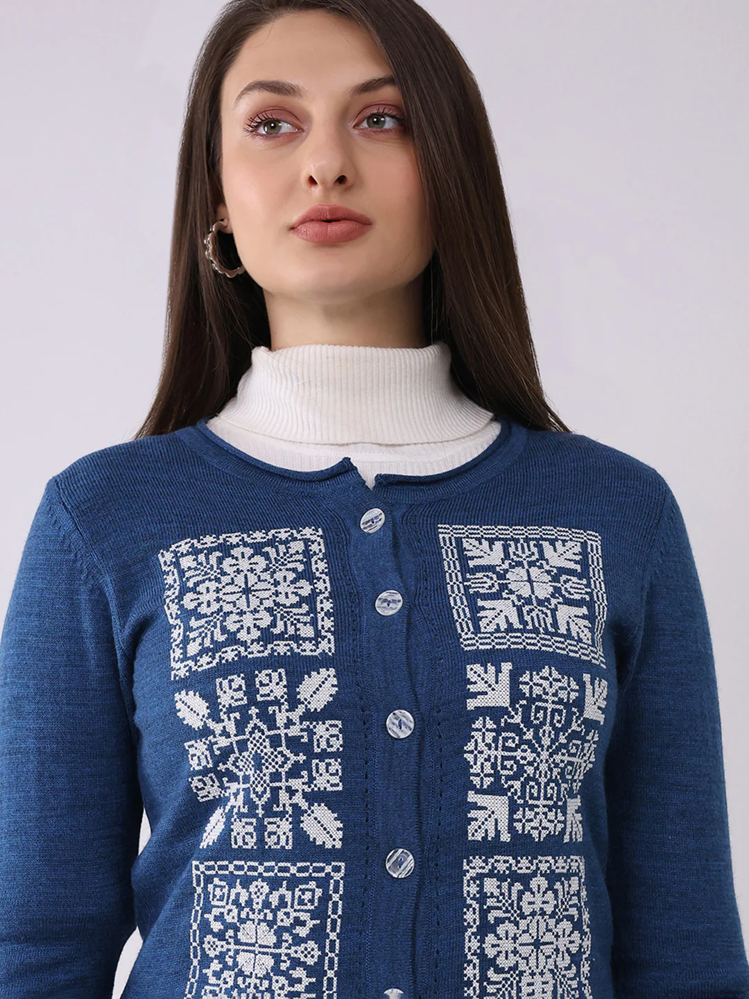 Women Blue Self Design Round Neck Full Sleeve Cardigan - Image 6