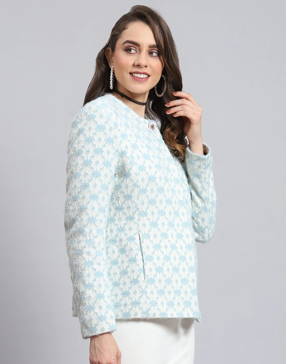 Women Blue Self Design Round Neck Full Sleeve Coat - Image 5