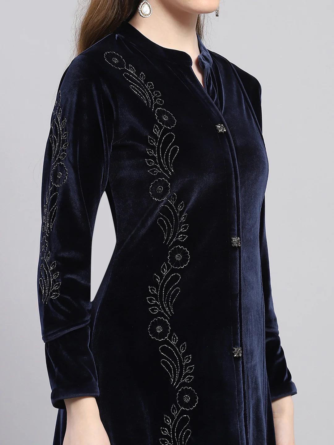 Women Blue Self Design Round Neck Full Sleeve Kurti Set - Image 6