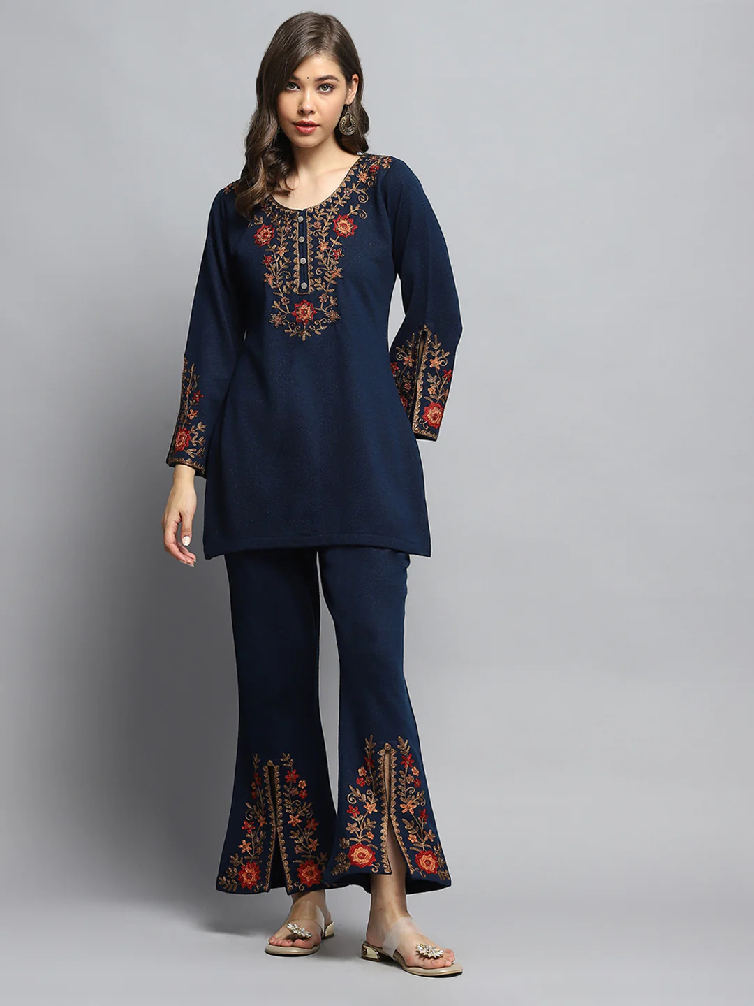 Women Blue Self Design Round Neck Full Sleeve Kurti Set - Image 3