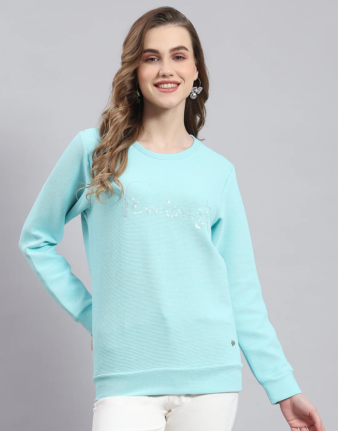 Women Blue Self Design Round Neck Full Sleeve Sweatshirt - Image 3