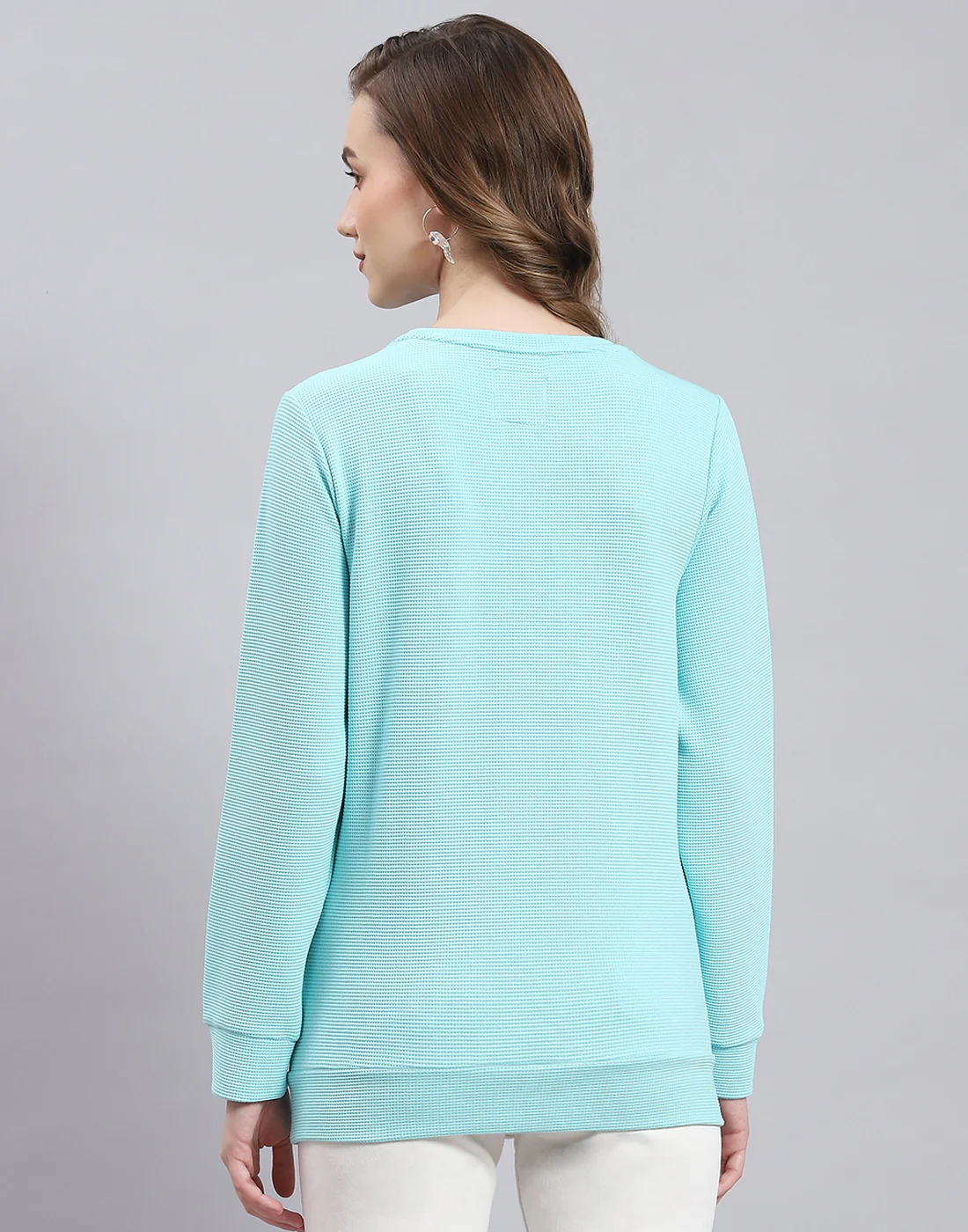 Women Blue Self Design Round Neck Full Sleeve Sweatshirt - Image 6
