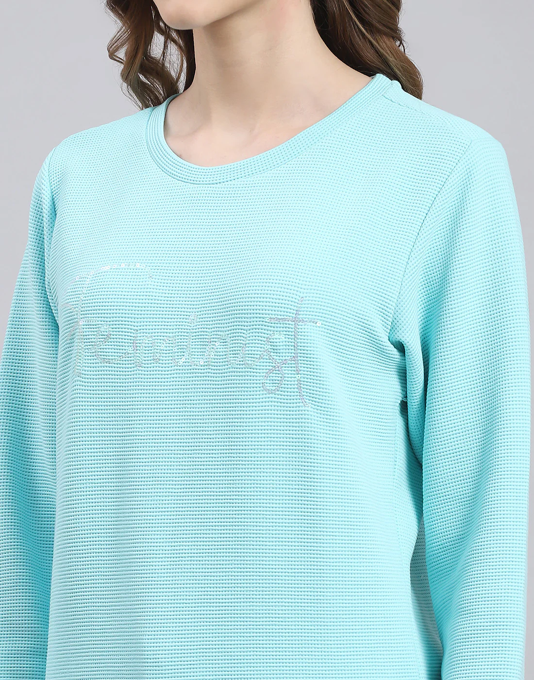 Women Blue Self Design Round Neck Full Sleeve Sweatshirt - Image 7