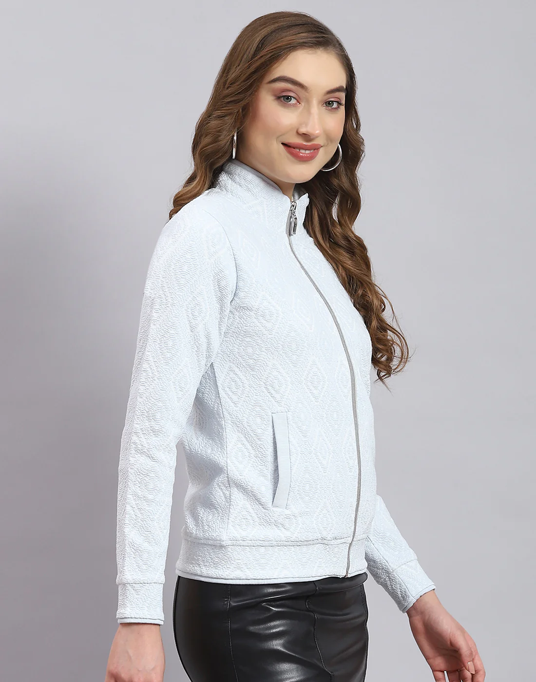 Women Blue Self Design Stand Collar Full Sleeve Sweatshirt - Image 4