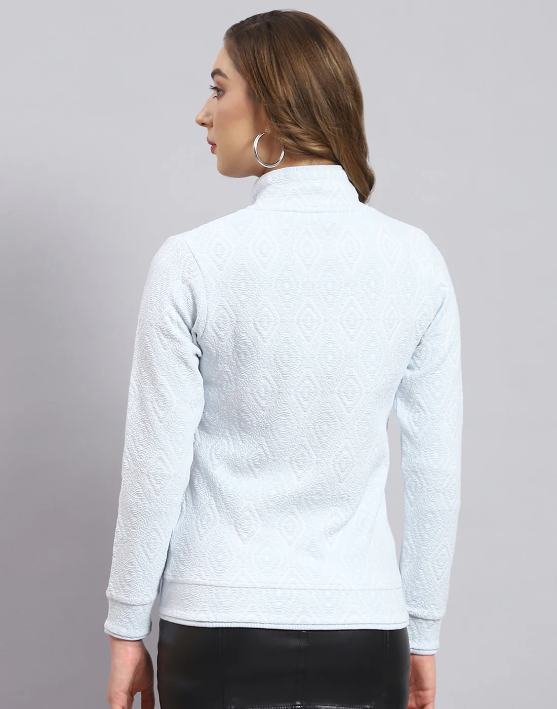 Women Blue Self Design Stand Collar Full Sleeve Sweatshirt - Image 5