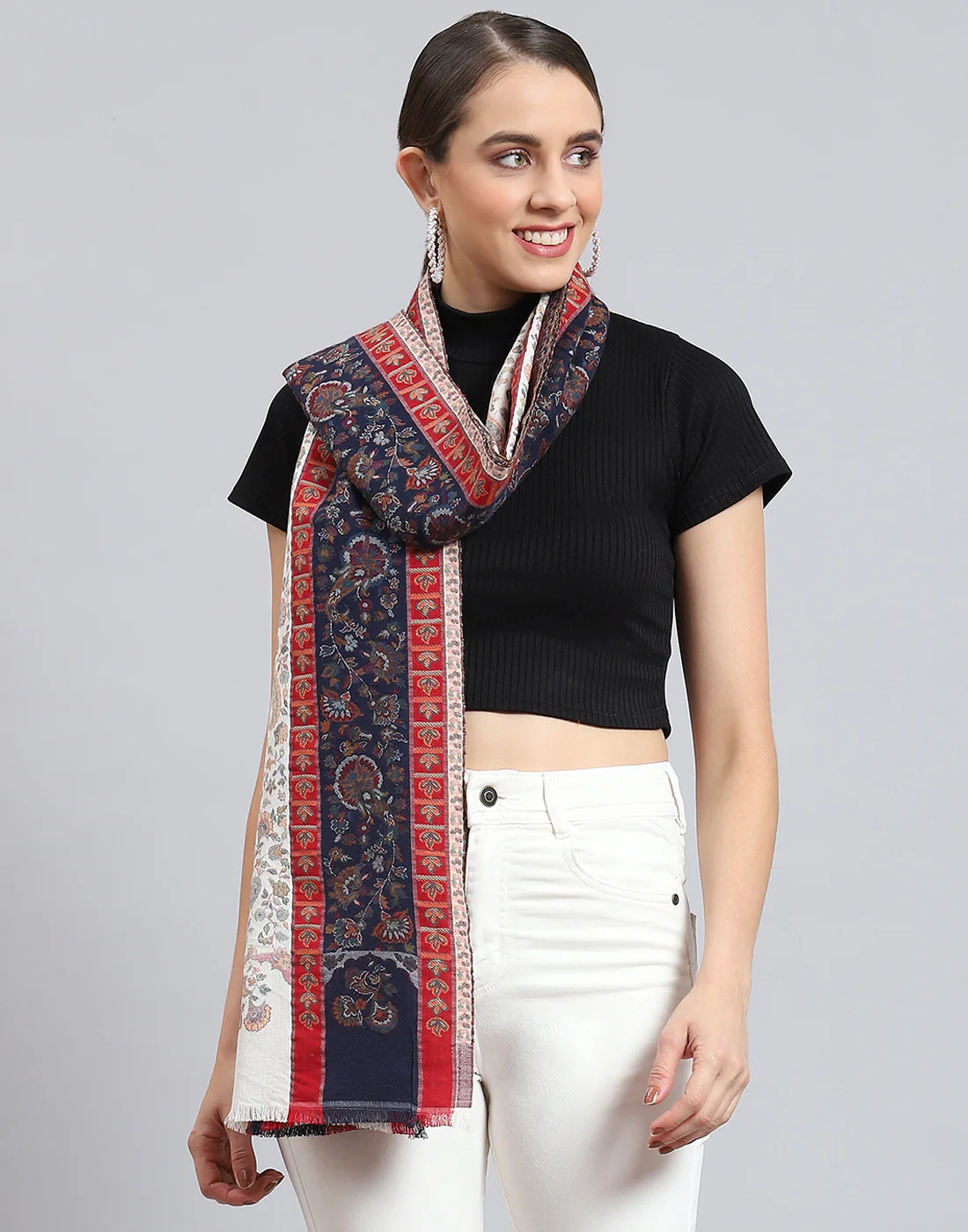 Women Blue Self Design Stole - Image 3