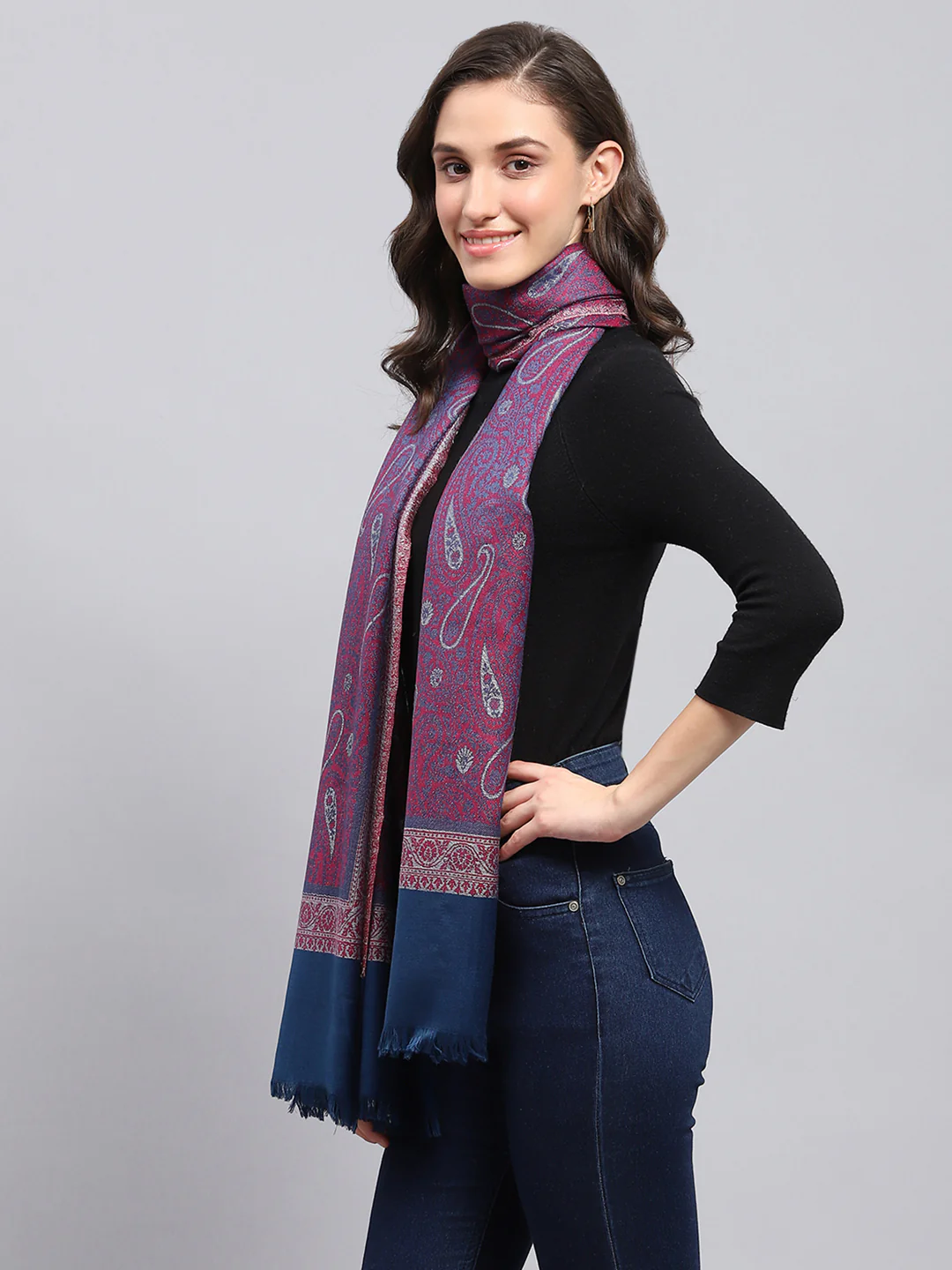 Women Blue Self Design Stole - Image 4