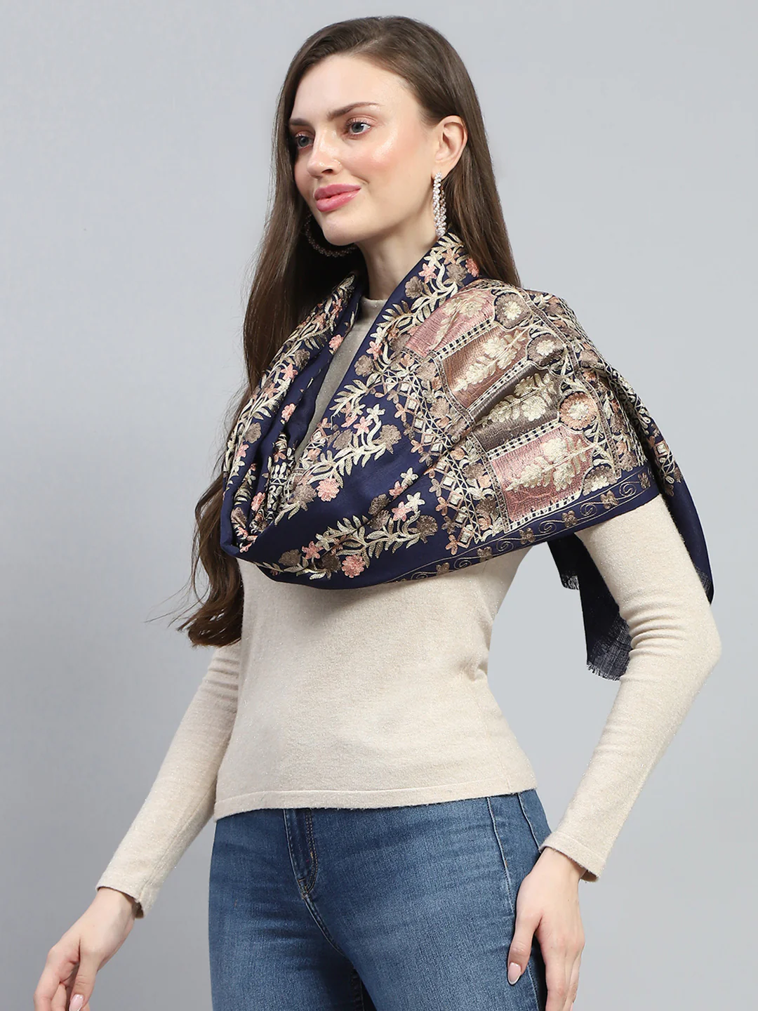 Women Blue Self Design Stole - Image 3
