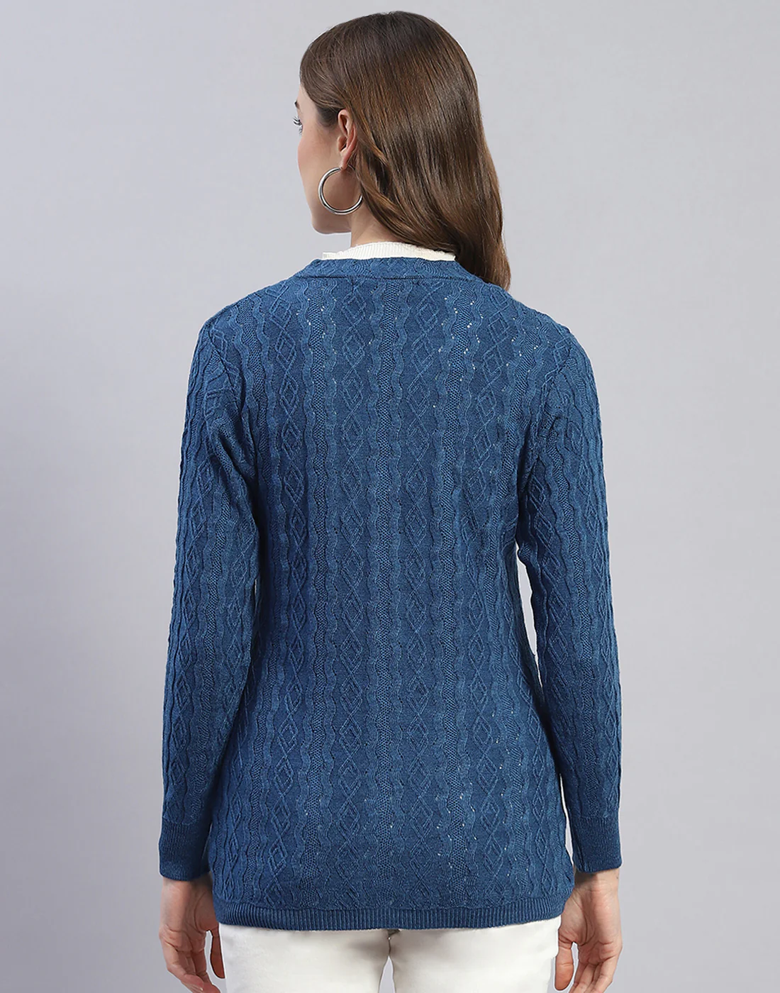 Women Blue Self Design V Neck Full Sleeve Cardigan - Image 5