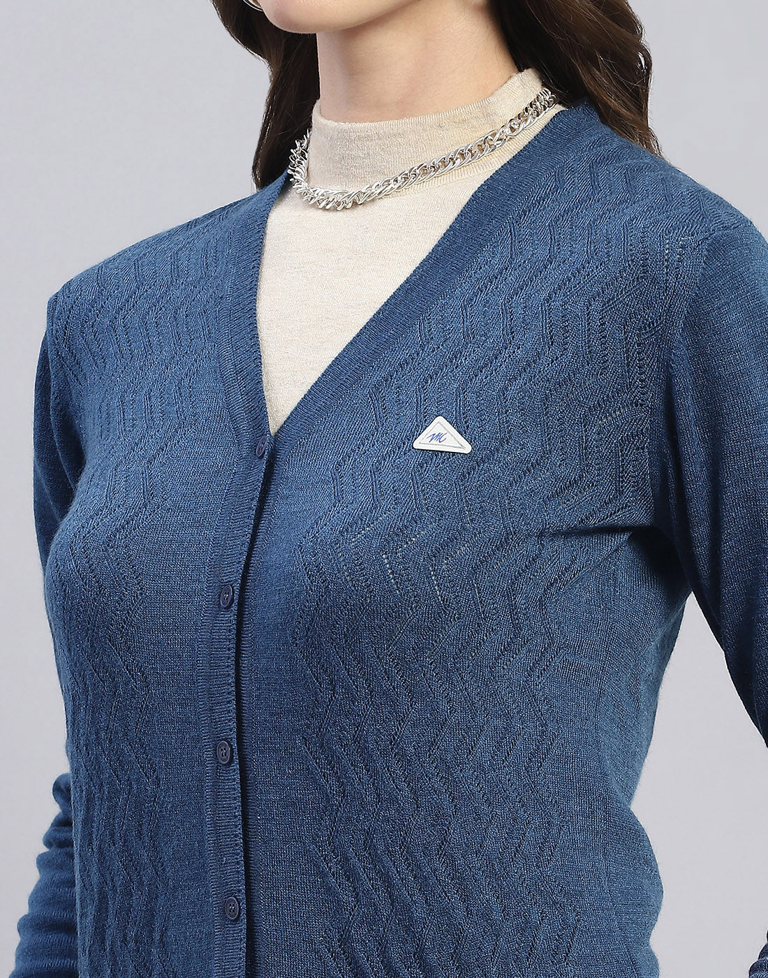 Women Blue Self Design V Neck Full Sleeve Cardigan - Image 7