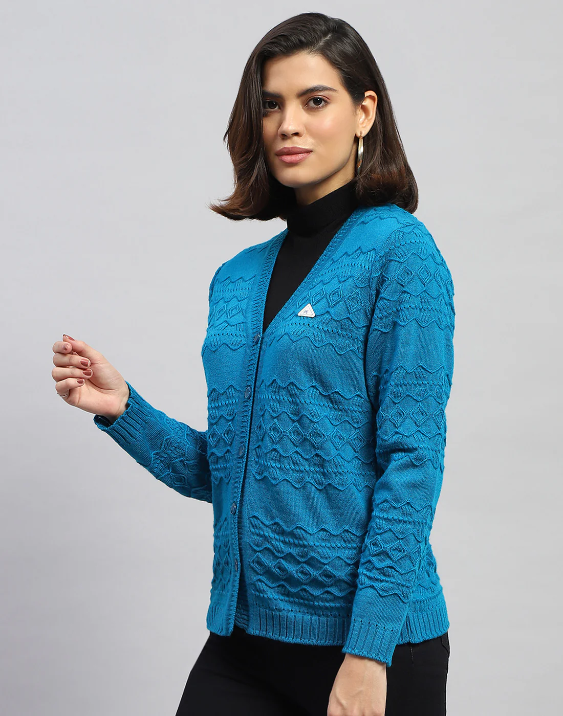 Women Blue Self Design V Neck Full Sleeve Cardigan - Image 3