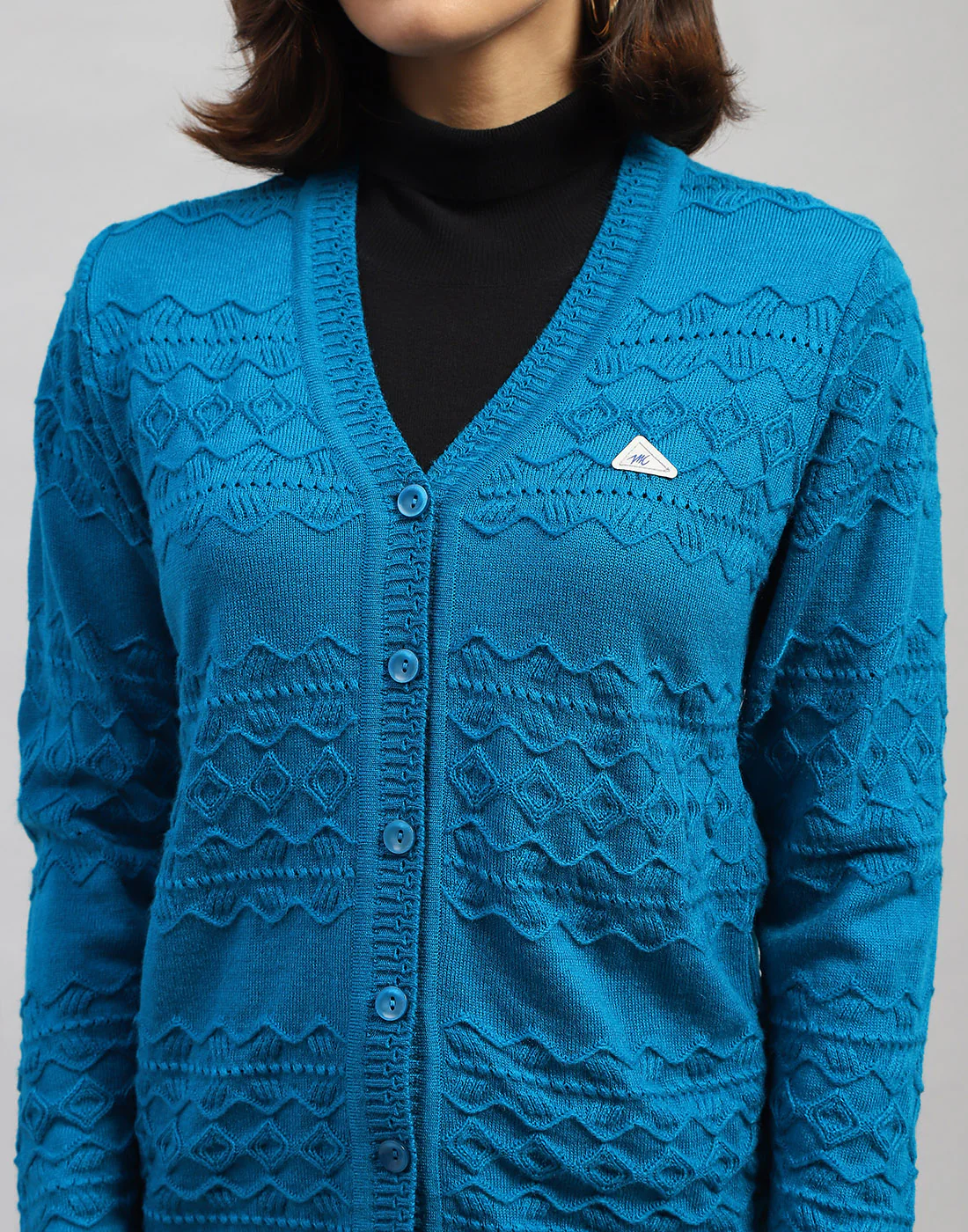 Women Blue Self Design V Neck Full Sleeve Cardigan - Image 7
