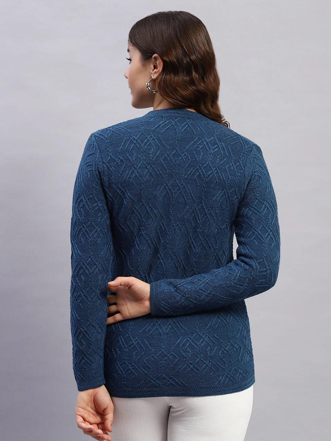 Women Blue Self Design V Neck Full Sleeve Cardigan - Image 5