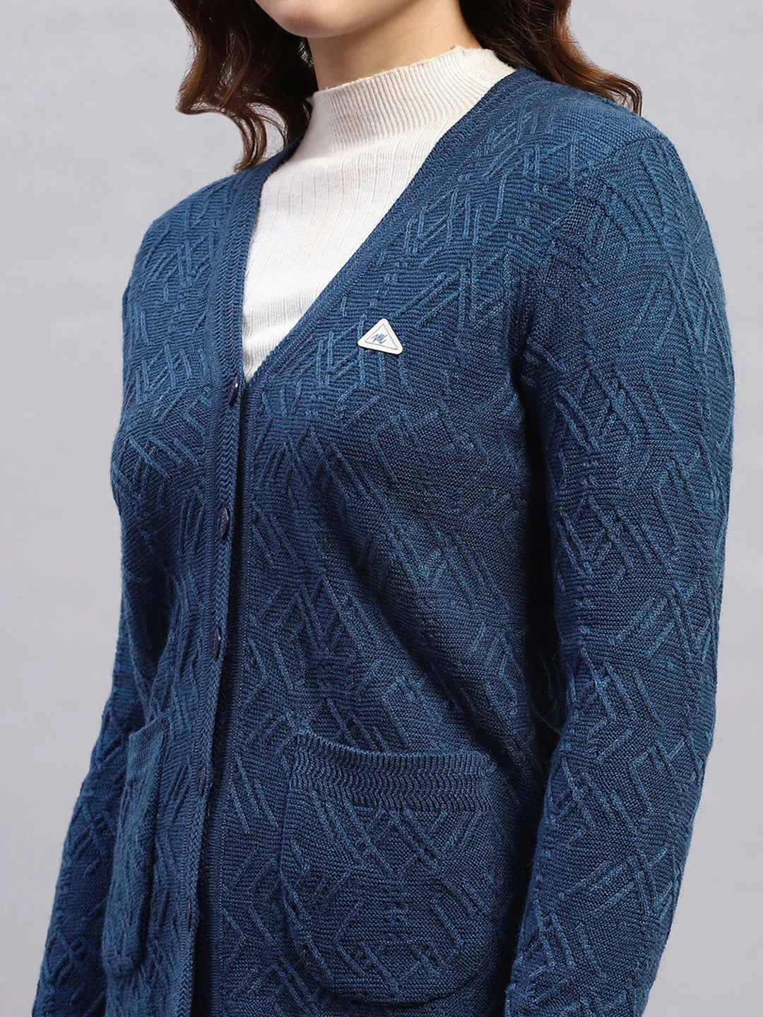 Women Blue Self Design V Neck Full Sleeve Cardigan - Image 7