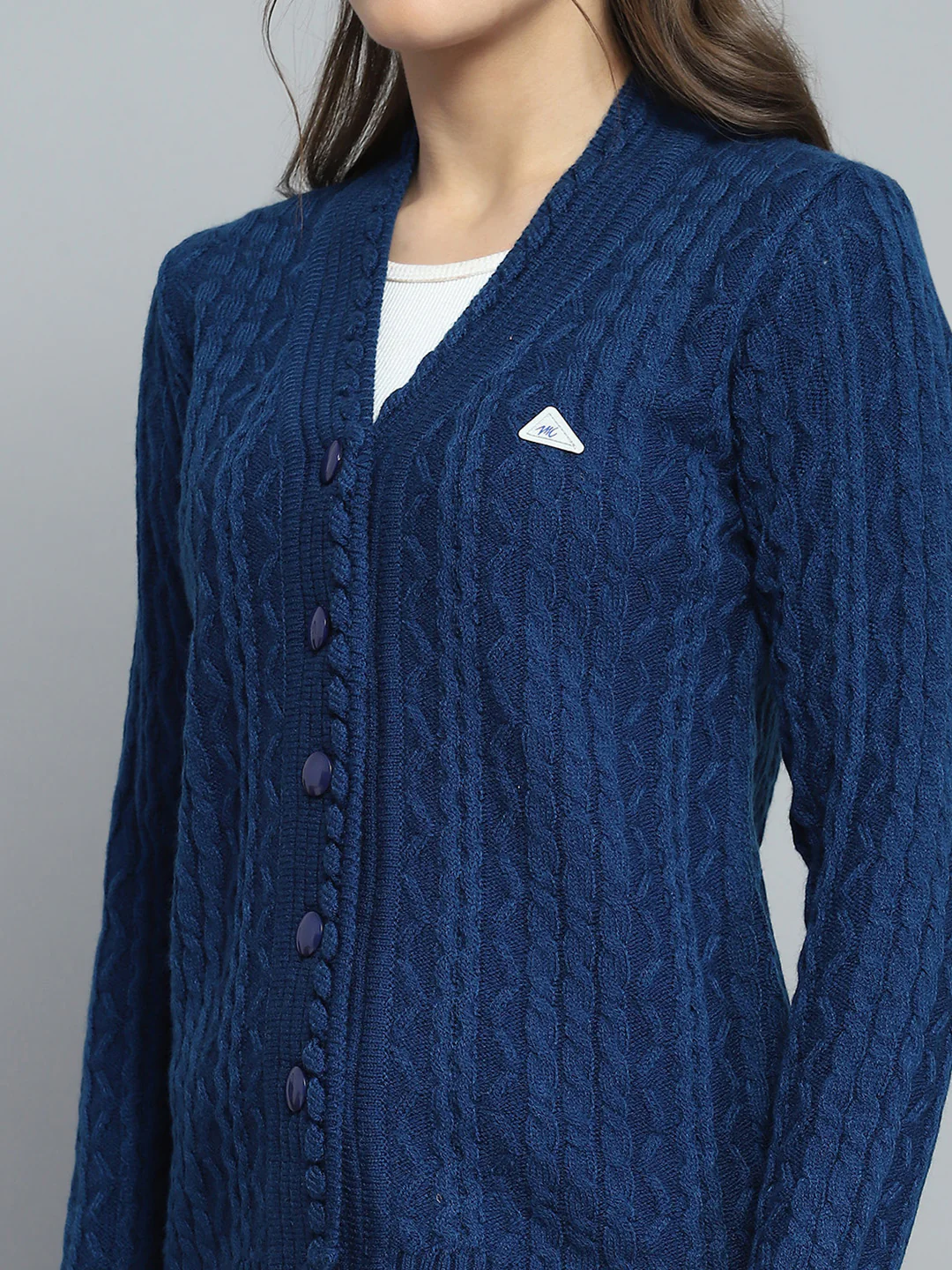 Women Blue Self Design V Neck Full Sleeve Cardigan - Image 7