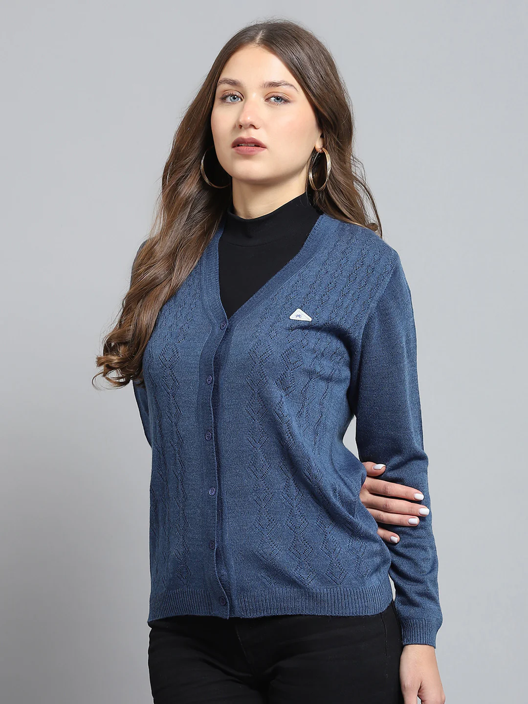 Women Blue Self Design V Neck Full Sleeve Cardigan - Image 3
