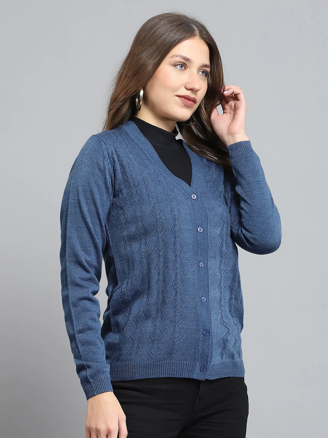 Women Blue Self Design V Neck Full Sleeve Cardigan - Image 4