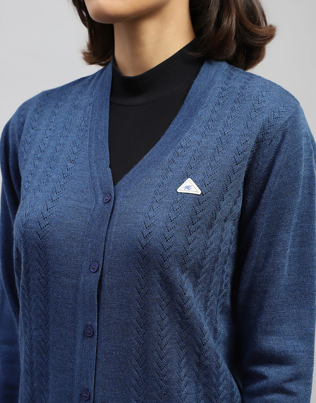 Women Blue Self Design V Neck Full Sleeve Cardigan - Image 7
